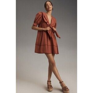 Anthropologie Pilcro Mini Dress Red Tunic Bow Front Cotton Boho Retro Large NWT